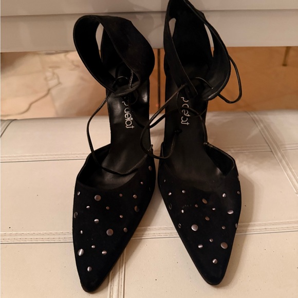 Elegant Black Suede Heels with Ankle lace up - Picture 5 of 10